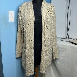 Cal Style fringe long knit open cardigan in tan